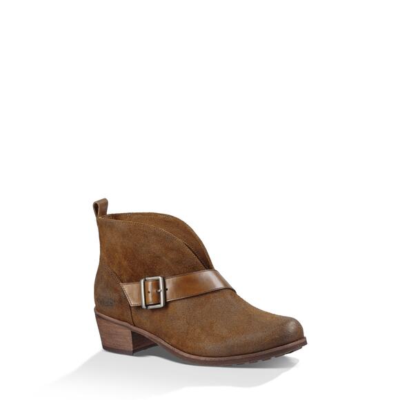 UGG Wright Belted Bootie Ankle Boots Womens 7.5 Brown Distressed Leather Western - Picture 1 of 12